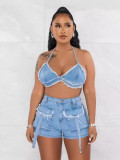 SC Sexy Backless Tasseled Strappy Shorts Denim Set GADE-9840