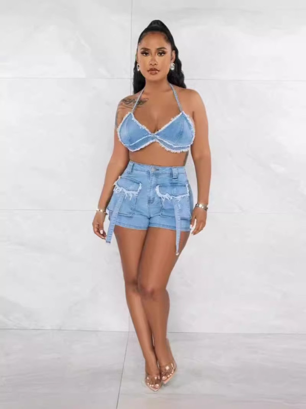 SC Sexy Backless Tasseled Strappy Shorts Denim Set GADE-9840