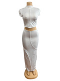 SC Solid Color Short Sleeve Tight Two Piece Skirts Set GADE-5778