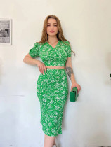 SC Floral Bubble Short Sleeve Split Skirt 2 Piece Set GADE-5660