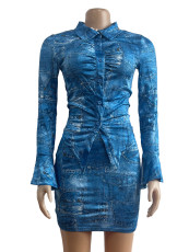 SC Vintage Denim Printed Frayed Two Piece Skirt Set GADE-5100