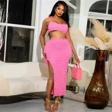 SC U Neck Sling Vest And Long Split Skirt Two Piece Set GADE-5892