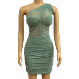 SC Slant Shoulder Hollow Out Pleated Mini Dress GADE-5587