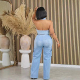 SC Washed Sleeveless Halter Denim Jumpsuit MEM-MZ88593
