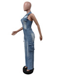 SC Washed Sleeveless Halter Denim Jumpsuit MEM-MZ88593