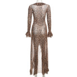 SC Leopard Print Deep V Neck Split Maxi Dress XEF-53059