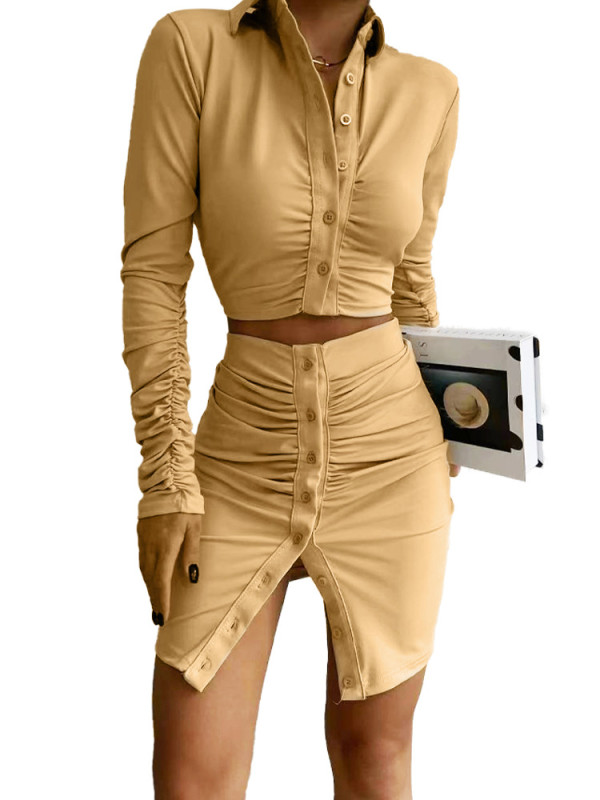SC Fashion Lapel Solid Color Pleated 2 Piece Skirt Set GADE-2713