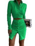 SC Fashion Lapel Solid Color Pleated 2 Piece Skirt Set GADE-2713