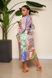 SC Print V Neck Tie Up Long Sleeve Maxi Dress TE-4699