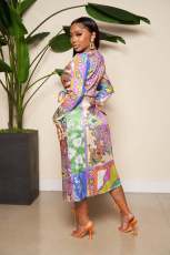 SC Print V Neck Tie Up Long Sleeve Maxi Dress TE-4699