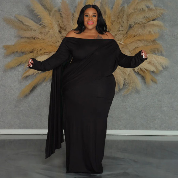 SC Plus Size One Shoulder Long Sleeve Maxi Dress NNWF-8007