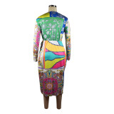 SC Print V Neck Tie Up Long Sleeve Maxi Dress TE-4699