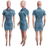 SC Single-breasted Lapel Denim Mini Dress LX-6985