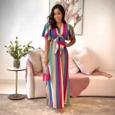 SC Stripe Print Tie Up Bow Maxi Dress GYLY-10517
