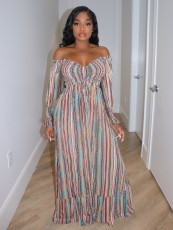 SC One-Shoulder Long Sleeve Striped Print Maxi Dress SFY-TW536