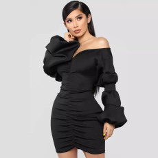 SC Bubble Sleeve One Shoulder V-Neck Mini Dress LSL-LS6207