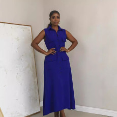 SC Sleeveless Solid Color Single-breasted Long Dress GYLY-10486