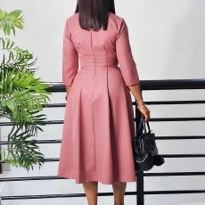 SC Solid Color Pleated 3/4 Sleeve Midi Dress GATE-D529