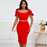 SC 3D Floral Solid Color Belt Party Dress GATE-D528