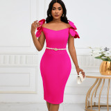 SC 3D Floral Solid Color Belt Party Dress GATE-D528