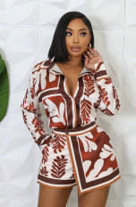 SC Fashion Print Lapel Long Sleeve Shorts Set XHXF-8701