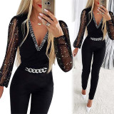 SC Solid Color V-neck Long Sleeve Rhinestone Jumpsuit GOSD-9473244