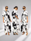 SC Print Loose Lapel Short Sleeve Maxi Dress OD-D8697