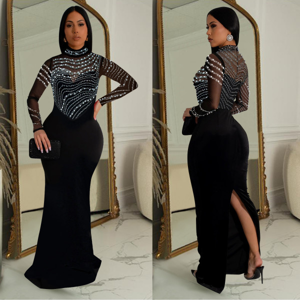 SC Solid Color Hot Drill Long Sleeve Maxi Dress GFYX-C7043
