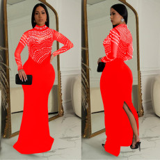 SC Solid Color Hot Drill Long Sleeve Maxi Dress GFYX-C7043
