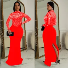 SC Solid Color Hot Drill Long Sleeve Maxi Dress GFYX-C7043