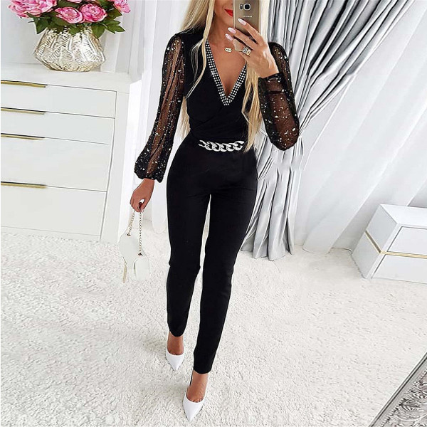 SC Solid Color V-neck Long Sleeve Rhinestone Jumpsuit GOSD-9473244