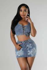 SC Cross Embroidery Casual Denim Two Piece Skirts Set LX-6021