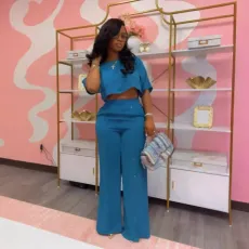 SC Solid Color Short Sleeve Wide Leg Pants Two Piece Set NY-10887