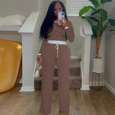 SC Ribbed Color Clash Long Sleeve Pants Two Piece Set HNIF-2421