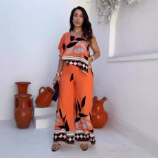 SC Printed Slash Shoulder Irregular Split Wide Leg Jumpsuit NY-10885