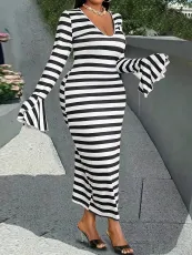SC Black White Stripe Tight Ruffles Long Dress GFMA-0423