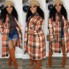 SC Plaid Print Loose Long Shirt Coat OUQF-275