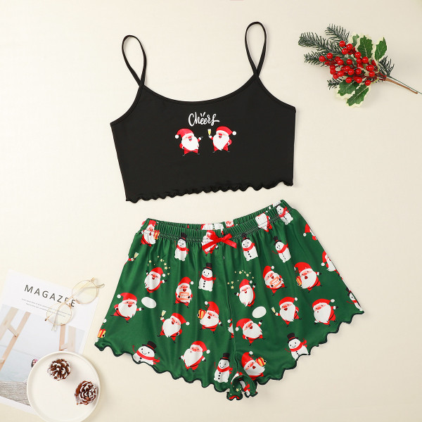 SC Santa Claus Print Camisole Top Shorts Loungewear Pajamas Set GXMB-9242