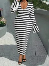 SC Black White Stripe Tight Ruffles Long Dress GFMA-0423