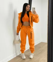 SC Letter Print Padded Sweatshirt Hooded Sport Pants Set OUQF-6210