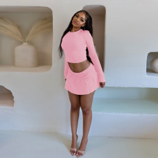 SC Long Sleeve Solid Crop Top Pleated Skirt Suit MEI-9319