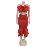 SC Solid Color Sleeveless Bow Two Piece Skirt Set BY-7028