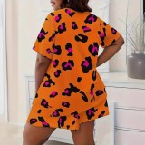 SC Plus Size Leopard Print Short Sleeve Loungewear Shorts Set GXMB-TL9853X_OR