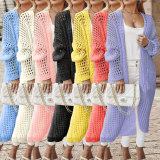 SC Plus Size Solid Long Hollow Out Sweater Cardigan Jacket FSXF-633