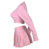 SC Long Sleeve Solid Crop Top Pleated Skirt Suit MEI-9319