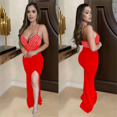 SC Sleeveless V Neck Sling Hot Drill Maxi Dress BY-7046