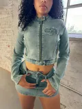 SC Denim Long Sleeve Zipper Two Piece Skirts Set CH-HR88018