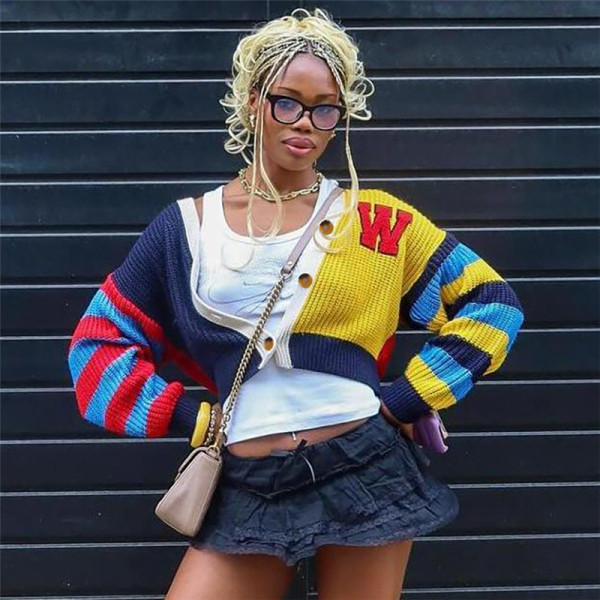 SC Colorful Letter Print Knits Short Coat DLSF-W24L52789
