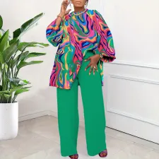 SC Plus Size Print Long Sleeve Loose Two Piece Pants Set NNWF-8036