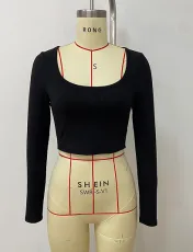 SC Ribbed Slim Large U Neck Long Sleeve Top LSD-1949